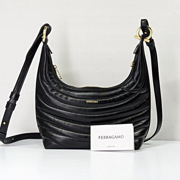 Ferragamo Rainbow Quilted Black Leather Hobo Crossbody Bag (MSRP $1,650) - Picture 4 of 12